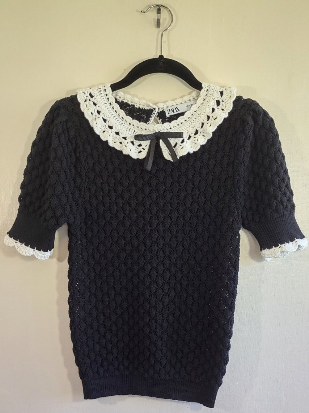 ZARA Knit Peter Pan Collar Top Size Small Black & White Puff Sleeve Femme Preppy - Picture 4 of 11